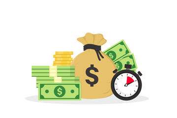 Money bag, gold coins, dollar banknotes and stopwatch in flat style. Quick credit. Fast money. Quick loan. Time is money concept. Business and finance. Vector illustration