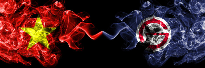 Vietnam, Vietnamese vs Japan, Japanese, Tomakomai, Hokkaido, Iburi, Subprefecture smoke flags side by side.