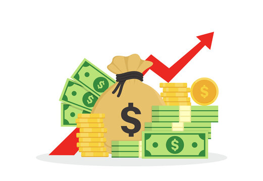 Money bag, gold coins and upward arrow graph growth. Concept of business success. Dollar coins and banknotes. Wealth and banking icon. Budget, investment profit, money fund, income. Capital gains.