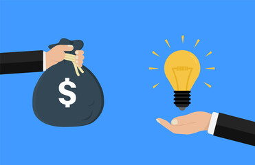 Two businessmen on the deal, exchange money for an idea. Hand holds money bag, hand holds a light bulb. Business financing concept of ideas. Buy idea, investment, modern technology. Vector