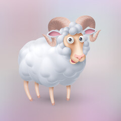 Ram with Curls and Horns. Funny Sheep or Ram. Cartoon Illustration for Funny Animals for Kids Book