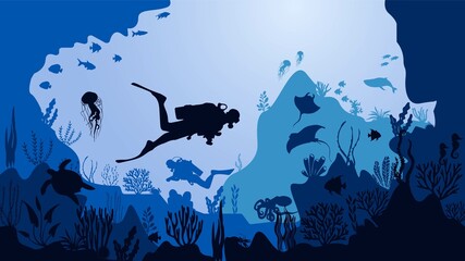 Vector illustration. Sea underwater wildlife background.