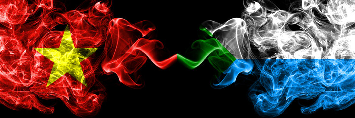 Vietnam, Vietnamese vs Russia, Russian, Khabarovsk Krai smoke flags side by side.