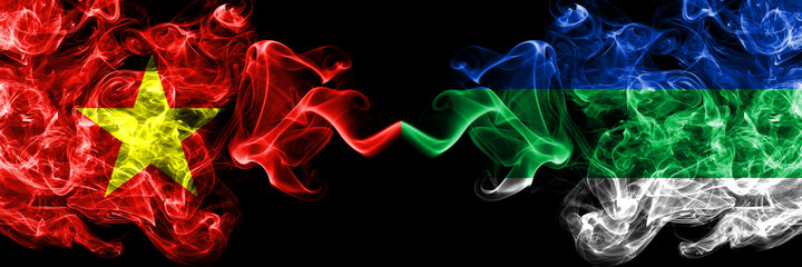Vietnam, Vietnamese vs Russia, Russian, Komi smoke flags side by side.