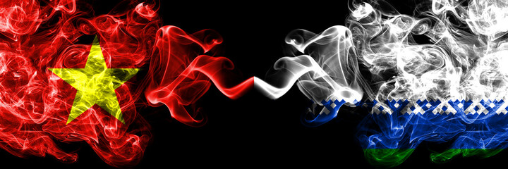 Vietnam, Vietnamese vs Russia, Russian, Nenets Autonomous District smoke flags side by side.