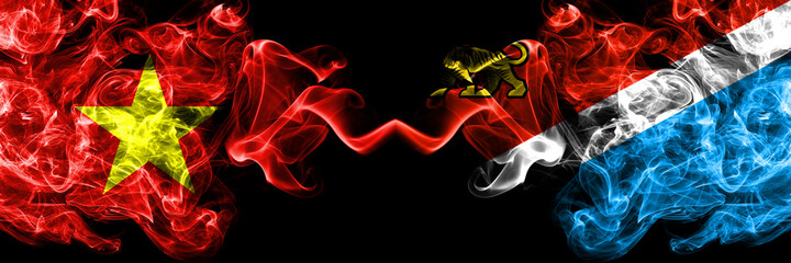 Vietnam, Vietnamese vs Russia, Russian, Primorsky Krai smoke flags side by side.