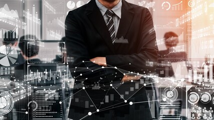 Big Data Technology for Business Finance Analytic conceptual . Modern graphic interface shows massive information of business sale report, profit chart and stock market trends analysis .