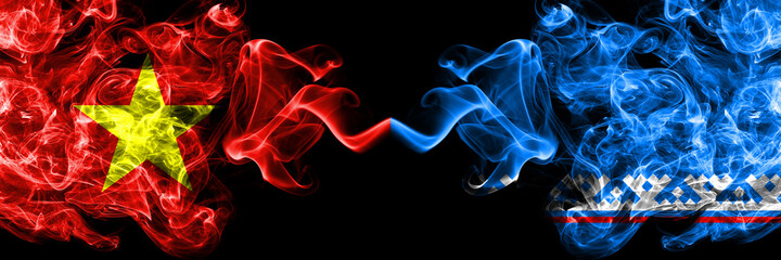 Vietnam, Vietnamese vs Russia, Russian, Yamal Nenets Autonomous District smoke flags side by side.