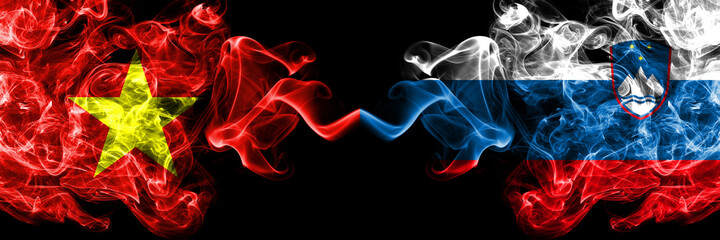 Vietnam, Vietnamese vs Slovenia, Slovenian smoke flags side by side.