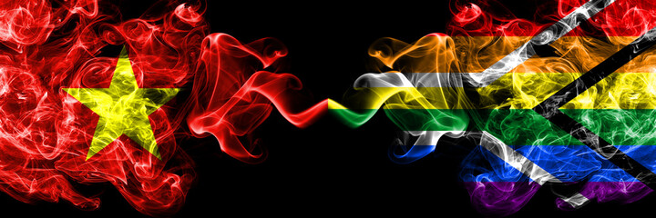 Vietnam, Vietnamese vs South Africa, African, gay  smoke flags side by side.
