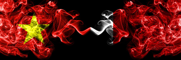 Vietnam, Vietnamese vs UAE, United Arab, Emirates, Dubai, Ajman smoke flags side by side.