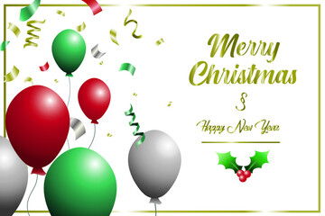 Merry Christmas and Happy New Year. Vector card design. Christmas decoration with Christmas and new year colors. Falling confetti and balloons realistic illustrations. Isolated on white background.