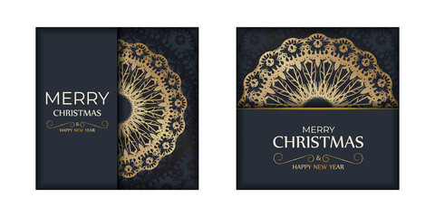 Holiday card Merry christmas dark blue with winter gold pattern