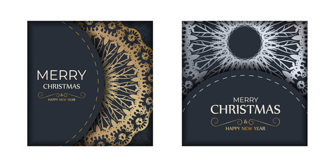 Holiday card Merry christmas dark blue with winter gold pattern