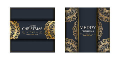 Holiday card Merry christmas in dark blue color with abstract gold pattern