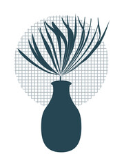 A dark blue jug containing a tropical palm leaf. Modern stylish composition on a white background. 