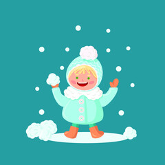 Christmas vector illustration of a little girl . Winter image on a blu background.