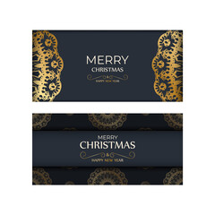 Holiday card Merry christmas in dark blue color with luxury gold pattern
