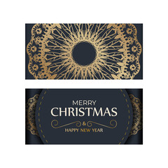 Holiday card Merry christmas in dark blue color with vintage gold ornament