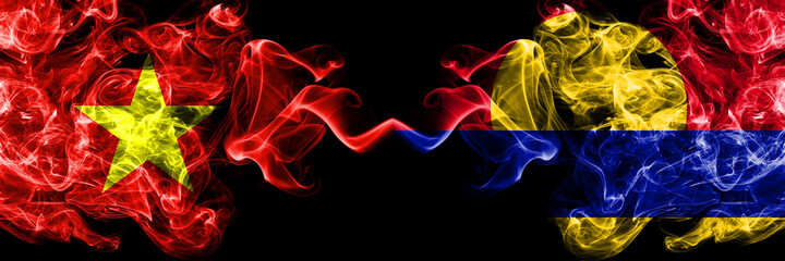 Vietnam, Vietnamese vs United States of America, America, US, USA, American, Palmyra Atoll smoke flags side by side.