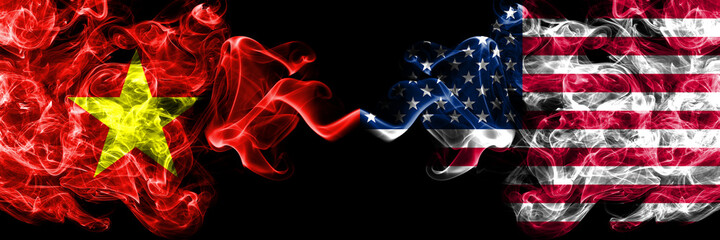 Vietnam, Vietnamese vs United States of America, American smoke flags side by side.