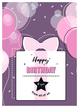 Happy Birthday To You From All Of Us. Vector birthday greeting card. birthday cakes with candles. Greeting text inside gift silhouette template. Vector Birthday Celebration or Invitation Card.