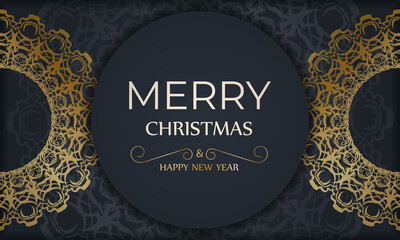 Holiday Flyer Merry Christmas and Happy New Year in dark blue color with vintage gold ornament