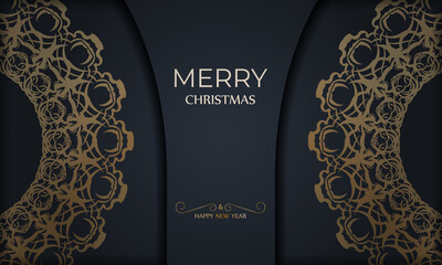 Holiday Flyer Merry Christmas and Happy New Year in dark blue color with vintage gold pattern