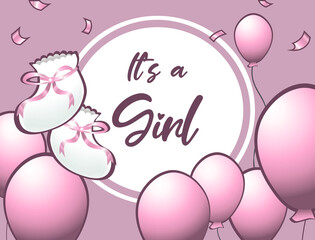 Baby shower greeting card. It's a girl pink greeting card. Realistic balloons and baby girl socks vector illustrations. Greeting or invitation vector card for new born baby girl. 