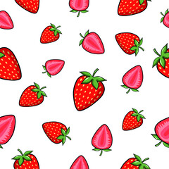 Vector Fresh Strawberries Seamless Pattern on White Background. Seamless pattern of fresh strawberry background. Strawberries and Seeds Texture Fabric Textile Prints Wallpaper Card or Banner Website
