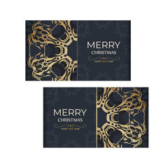 Merry christmas and happy new year flyer template in dark blue color with winter gold ornament