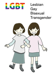 女の子が仲良く腕を組むイラストとロゴのセット（LGBTやSDGs、教育関連等に）；LGBTのシンボルとなっているレインボーカラーを使用しています。
