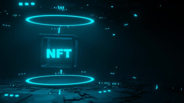 NFT letters in rotating cube. Non fungible token on technology alien background. Neon 3d render