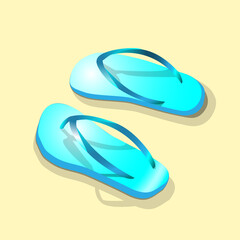 Vector blue flip flops or beach slippers on the sand. Illustration.