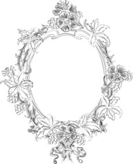 Contour drawing of decorative vintage floral oval border from flowers,leaves, berries and ribbon