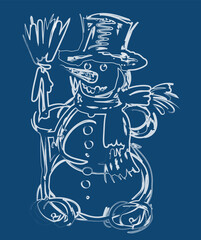 Vector brush drawing of cheerful snowman with broom