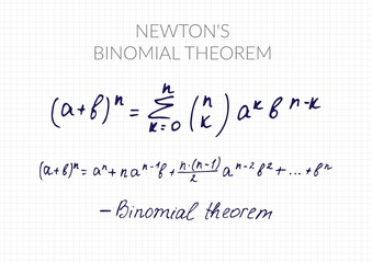 Newton's binomial theorem. Vector mathematical formula handwritten on a checkered sheet