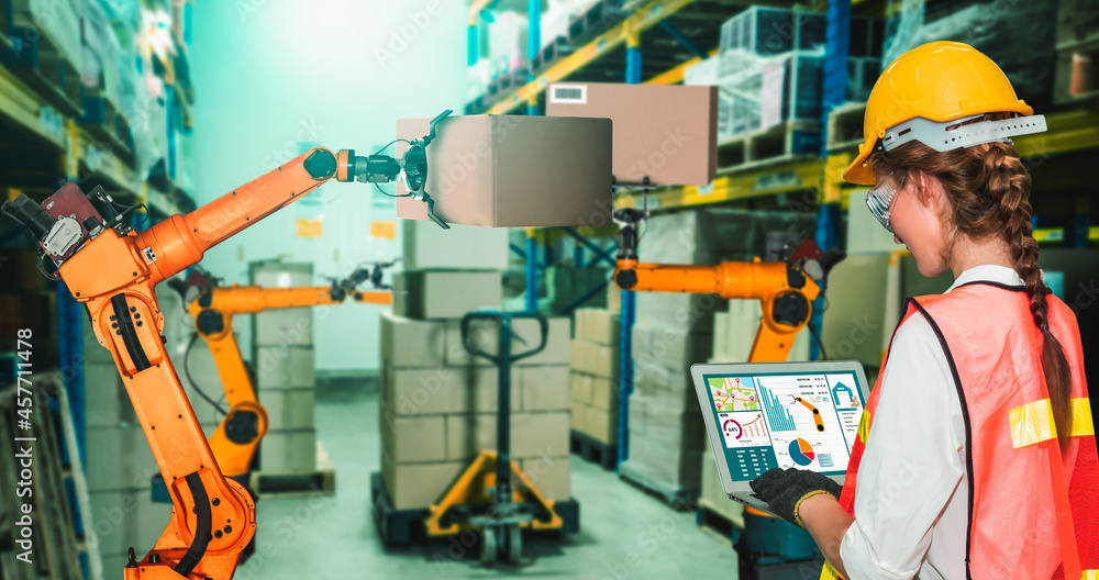 Poster smart robot arm systems for innovative warehouse and factory digital technology . automation manufac