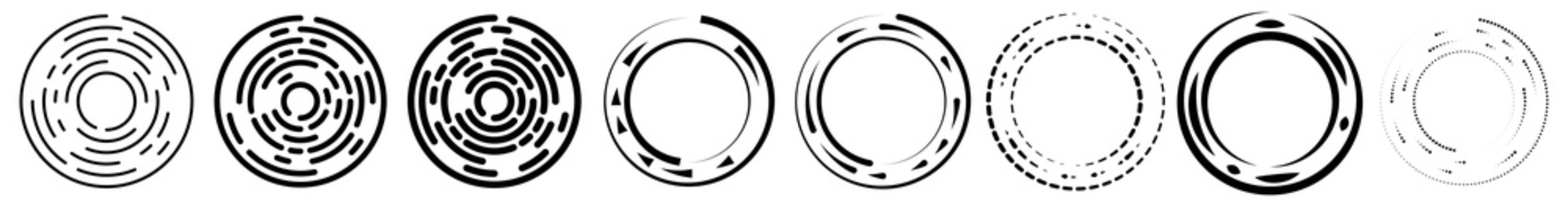 Circular, concentric segmented circles, rings. Abstract geometric circle. Spiral, swirl, twirl. Random rotation circles