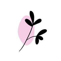 Branch with an abstract round spot. Artistic floral minimalist print. Isolated black silhouette of a plant with pastel drops. Modern watercolor shapes with leaves, acrylic ink blobs. Vector element