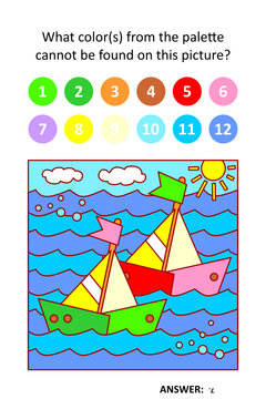 Visual puzzle with picture palette. Sailboats regatta at the pond. 
