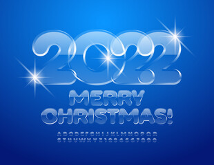 Vector Greeting Card Merry Christmas 2022! Transparent texture Alphabet Letters and Numbers set. Creative glass Font