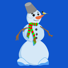 Christmas Snowman wearing a metal bucket and red-green scarf and titmouse.