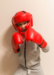Portrait of young boxer on beige background