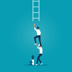 Businessman coworker support his colleague reaching to climb ladder of success, teamwork collaboration or partnership help to reach target © treety