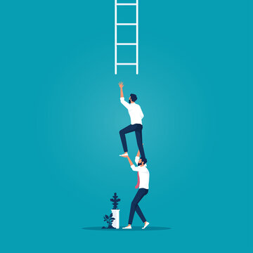 Businessman coworker support his colleague reaching to climb ladder of success, teamwork collaboration or partnership help to reach target