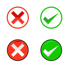 Green tick ok and red x cross checkmarks.  Circle shape. Vector illustration.