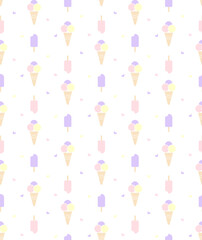 Seamless pattern with ice cream cone and fruit ice in delicate colors