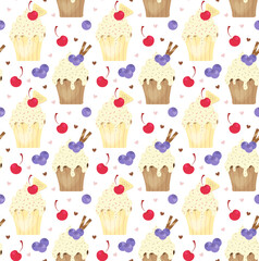 Seamless pattern with cherry and blueberry cupcakes in cartoon style