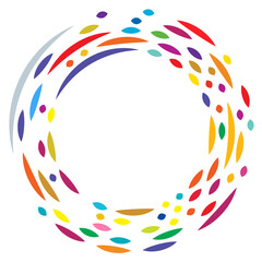 Colorful circular, concentric segmented circles. Radial, radiating rings. Abstract geometric circle shape, design element. Swirl, twirl, spiral and whorl shape
